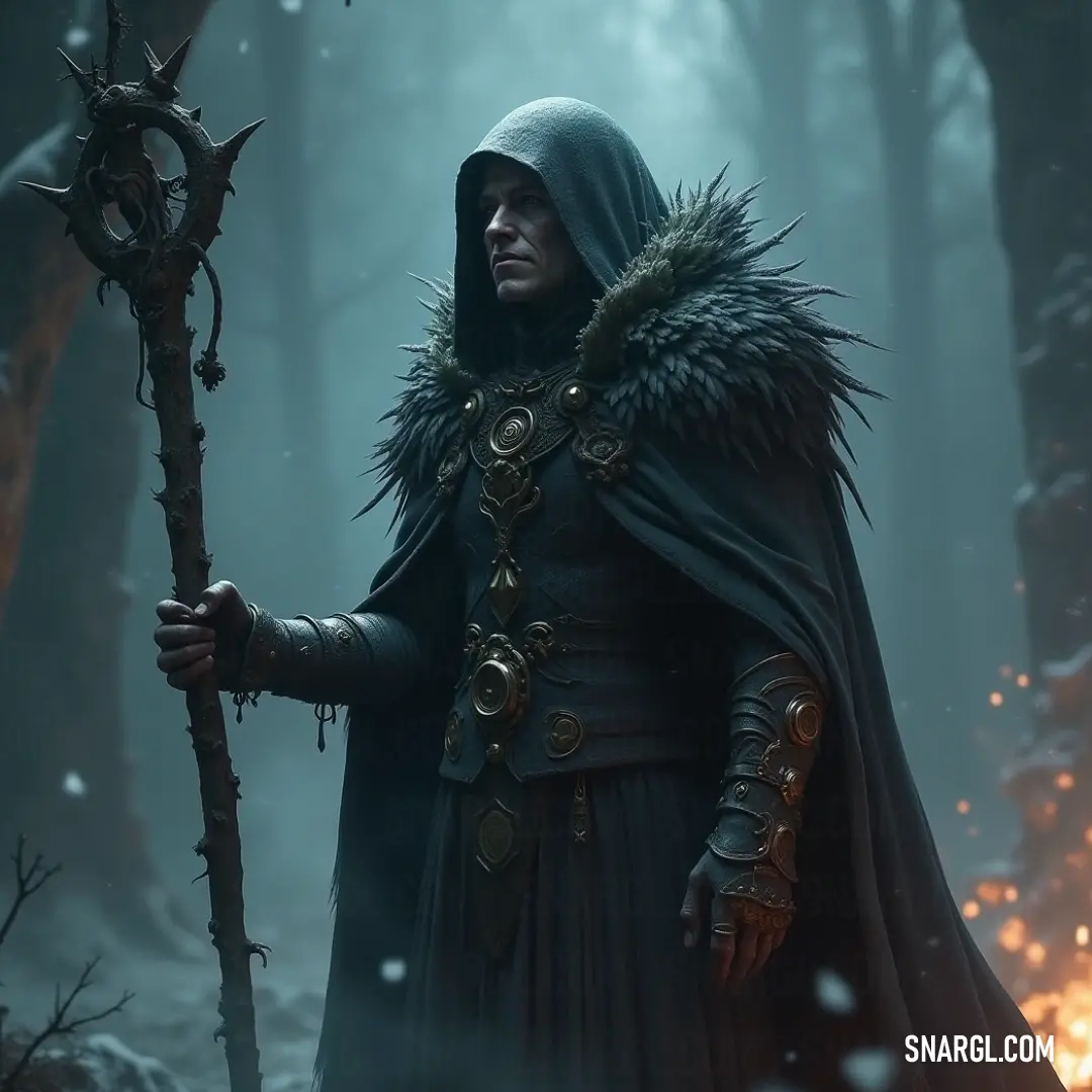 A hooded figure in a dark forest, holding a stick with flames dancing in the background. The fire’s glow creates a powerful contrast against the shadowy woods, heightening the sense of mystery. A hooded figure stands amidst a forest, holding a stick as flames flicker in the background. The fire casts an eerie glow, adding a dramatic contrast to the dark, forested environment.