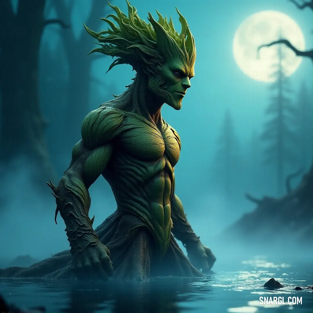 Groot Under the Full Moon's Glow Groot, with vibrant green foliage for hair, commands attention as it stands by tranquil waters; the full moon reflects in the still surface, creating a mystical atmosphere alongside the whispering trees around.