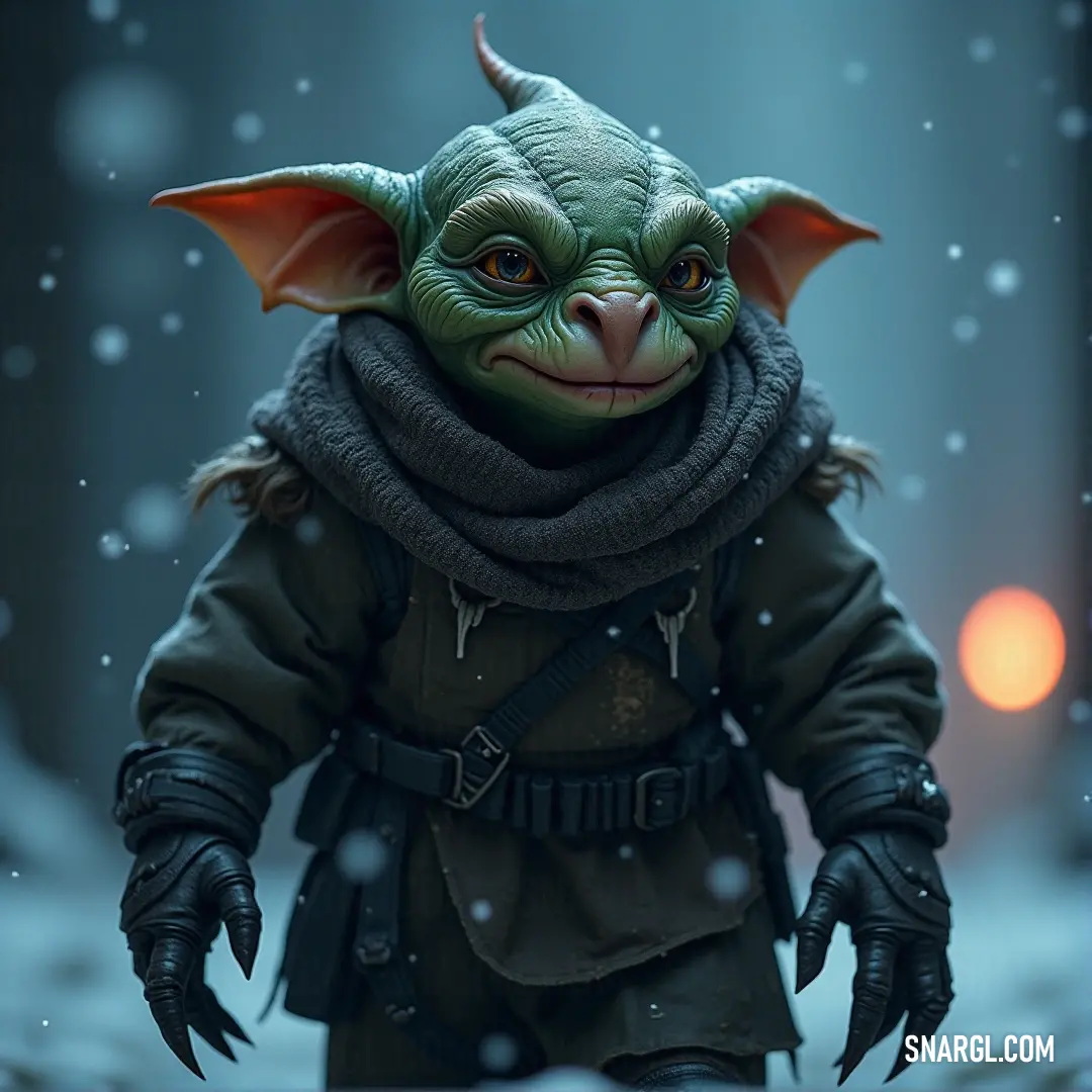 Star wars yoda doll is shown in a snowy scene with a scarf around his neck