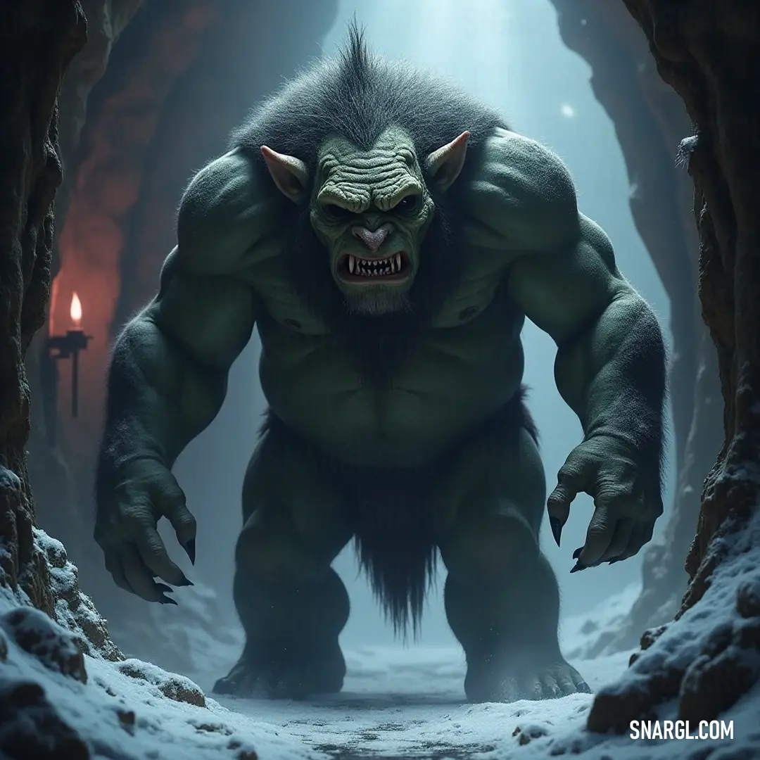 A large Groth grins widely in a dim cave, the ambient light illuminating its cheeky expression, enhancing the sense of wonder and discovery within the rocky confines of its mysterious home.