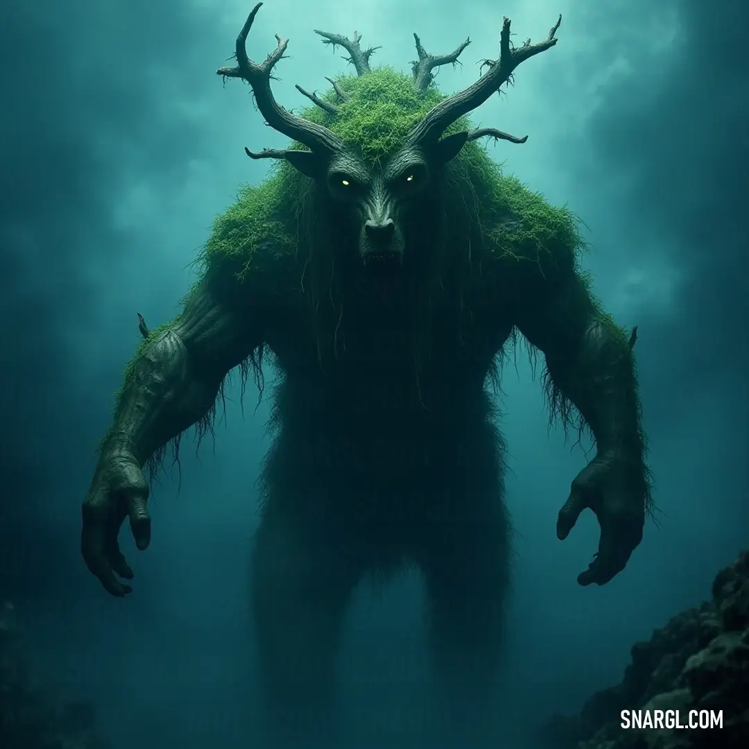 The majestic Grove Sage with horns, gracefully poised in serene waters as the sky marvelously unfolds behind them. In a tranquil water setting, the Grove Sage stands regal, adorned with majestic horns that blend seamlessly into the sky above. The gentle waves reflect the beauty of nature, creating a peaceful and magical atmosphere.