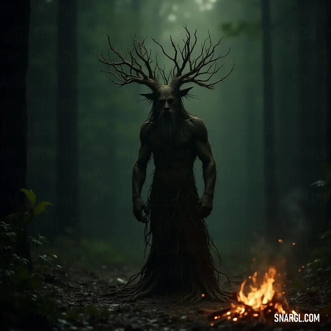 The horned Grove Sage stands watch near a cozy fire pit in the heart of the lush forest, embodying the spirit of the wild. The enigmatic Grove Sage stands tall in a vibrant woodland, near an inviting fire pit. Surrounded by trees, the scene radiates warmth and mystery, each element whispering tales of nature's ancient spirit.