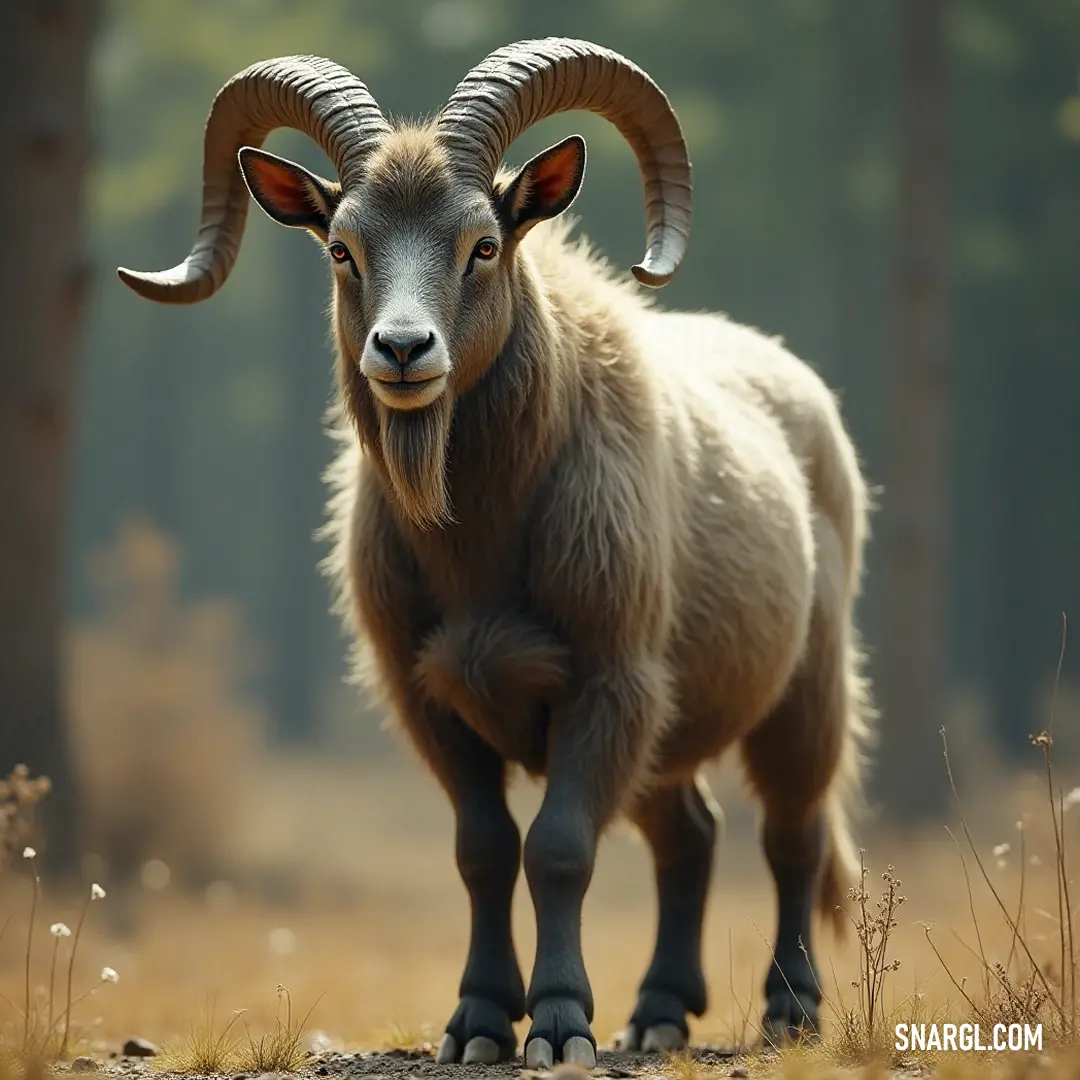A Grover Underwood with majestic horns wanders through a sun-kissed field, creating a picturesque scene of nature and wildlife. A captivating Grover Underwood with large, curling horns roams freely in a sunlit field, surrounded by gentle swaying grasses and distant trees, illustrating the harmonious bond between the creature and its lush natural habitat.