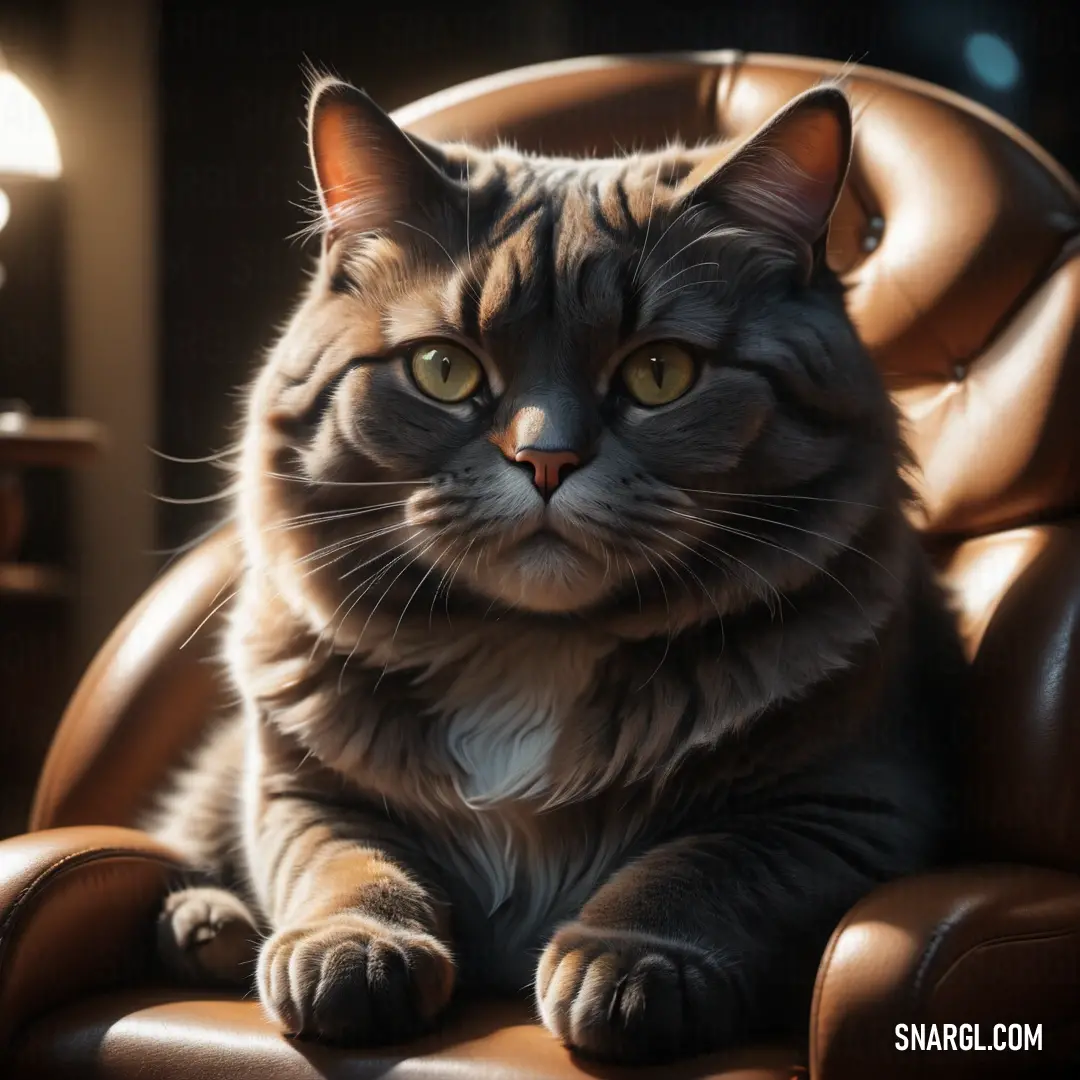 Cat on a leather chair looking at the camera with a serious look on its face and eyes. Color #A99A86.