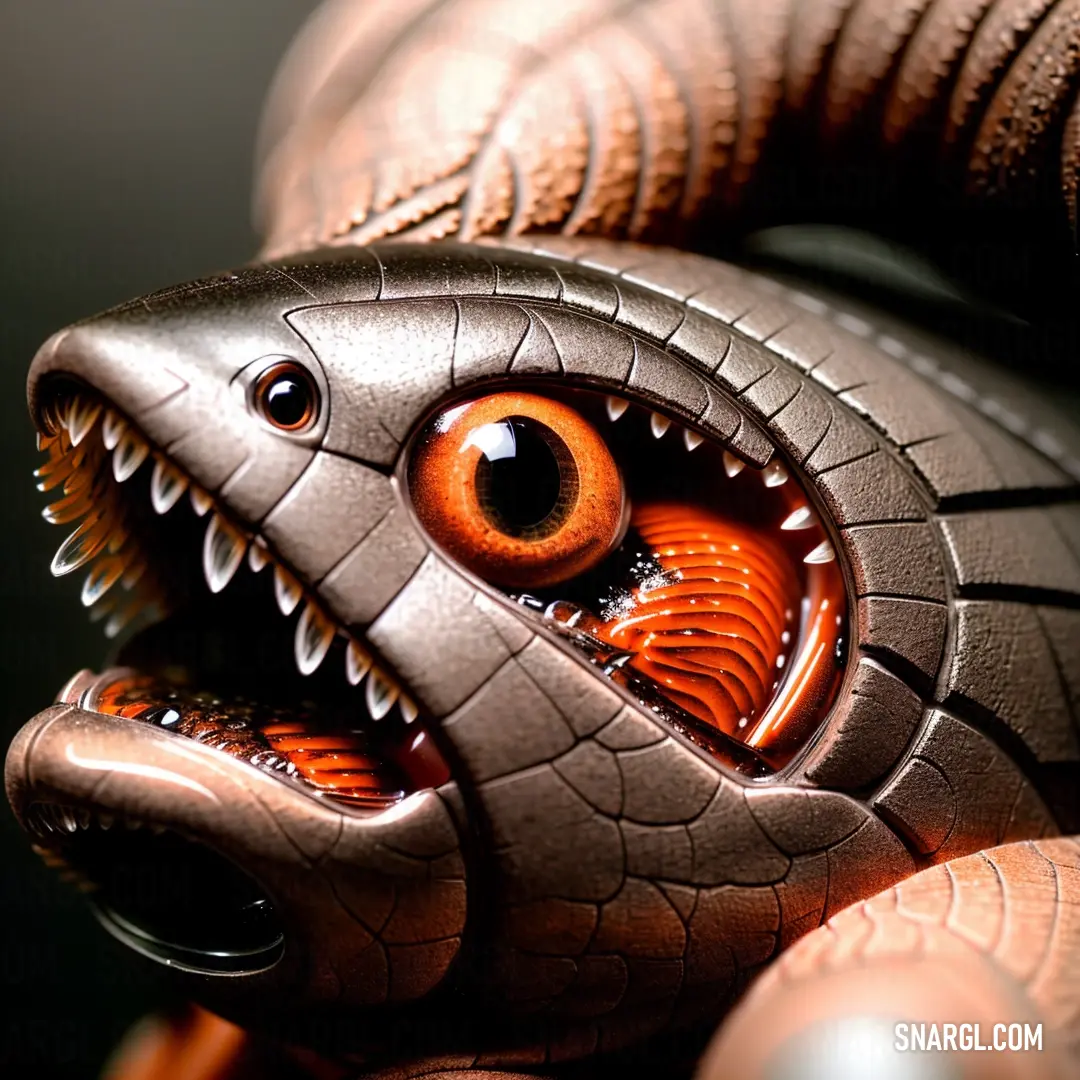 Close up of a toy with a fish face on it's head and a snake like body