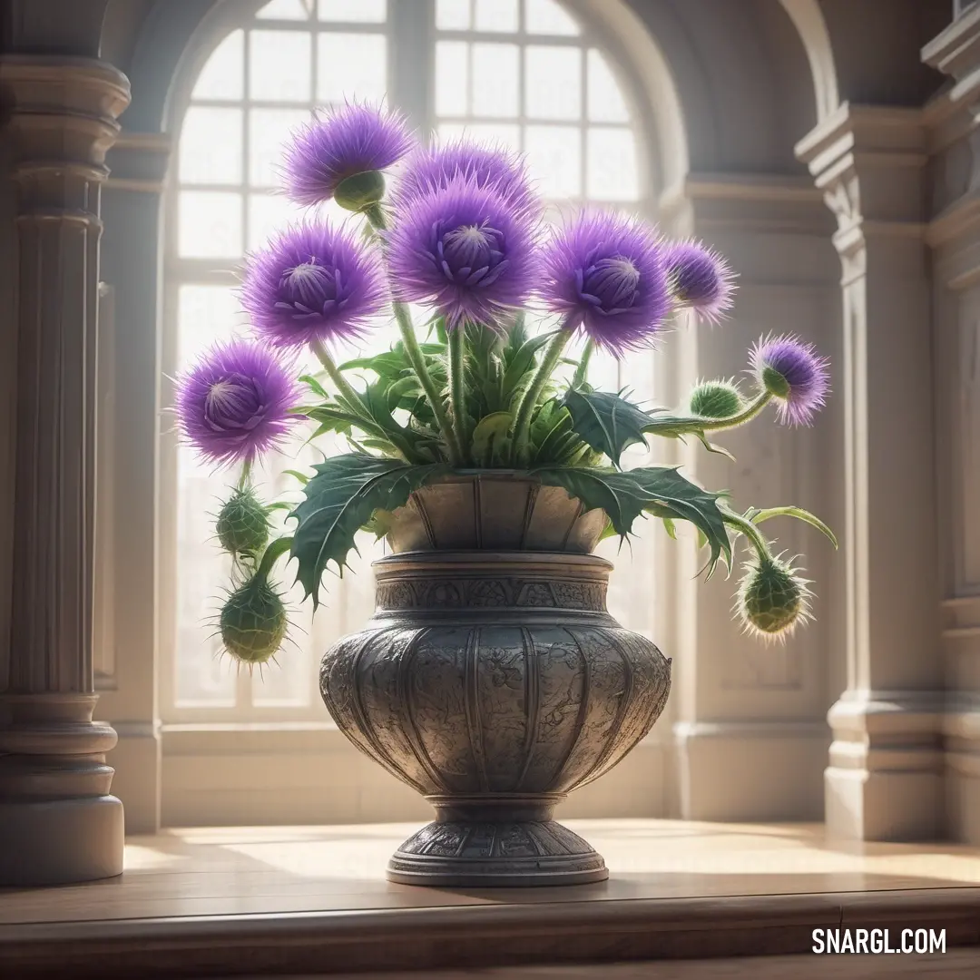 Vase with purple flowers in it on a table next to a window with arched windows and a wooden floor. Example of CMYK 0,9,21,34 color.
