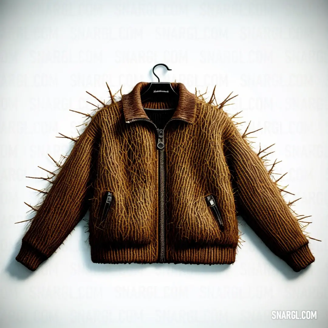 Jacket with spikes on it is hanging on a hanger on a wall