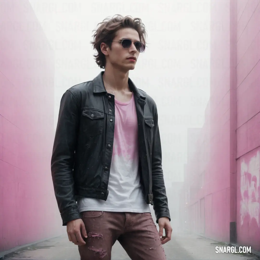 Man in a black jacket and pink shirt standing in front of a pink wall with a pink spray painted wall behind him