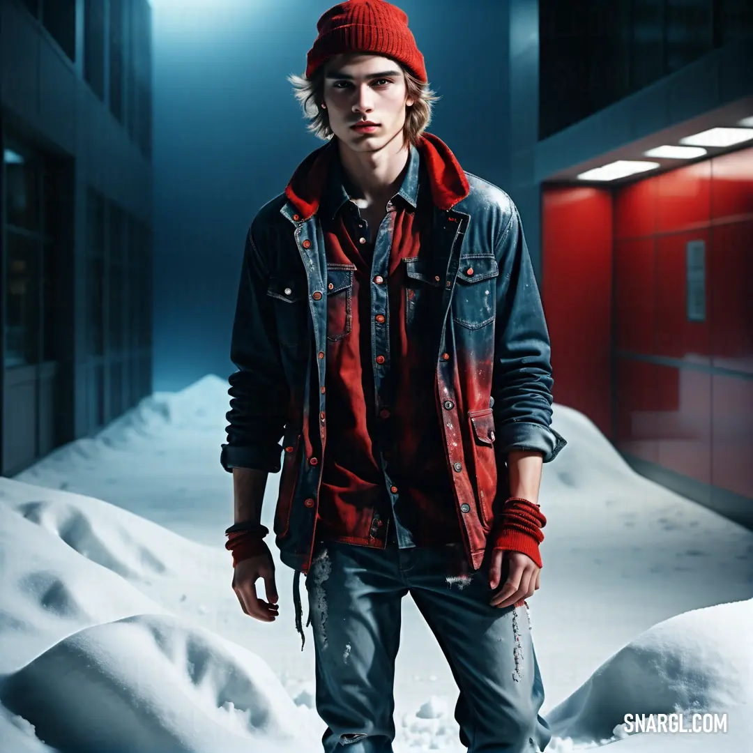 Man standing in the snow wearing a red hat and jacket with a red jacket on