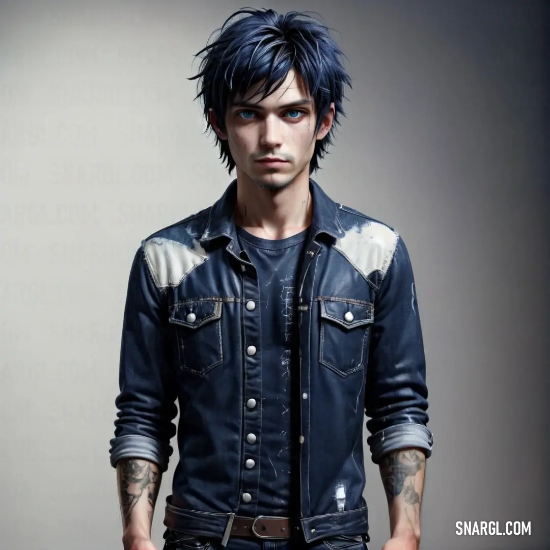 Man with blue hair and tattoos wearing a denim jacket and jeans pants