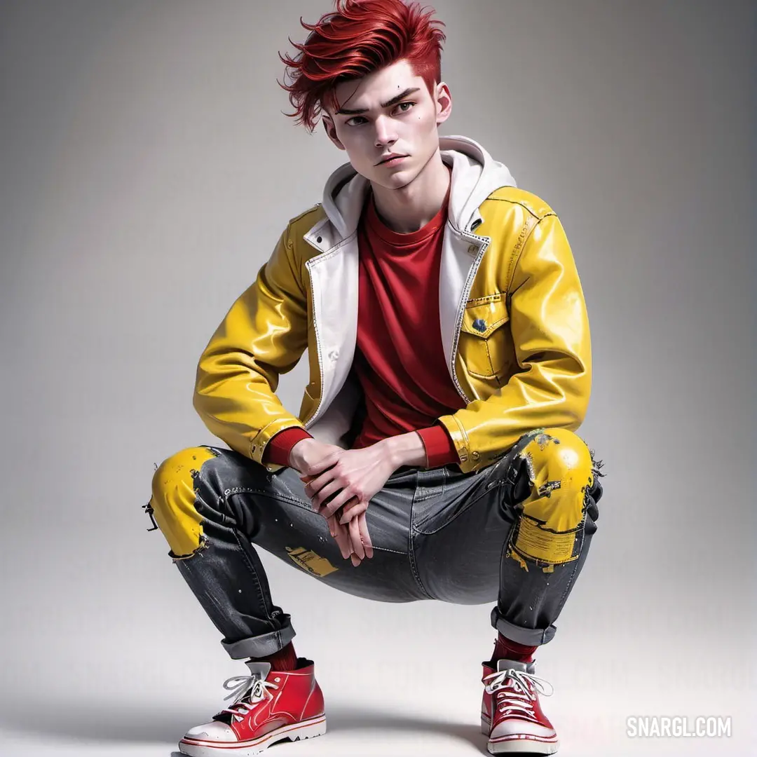 Man with red hair and a yellow jacket is posing for a picture with his hands on his knees