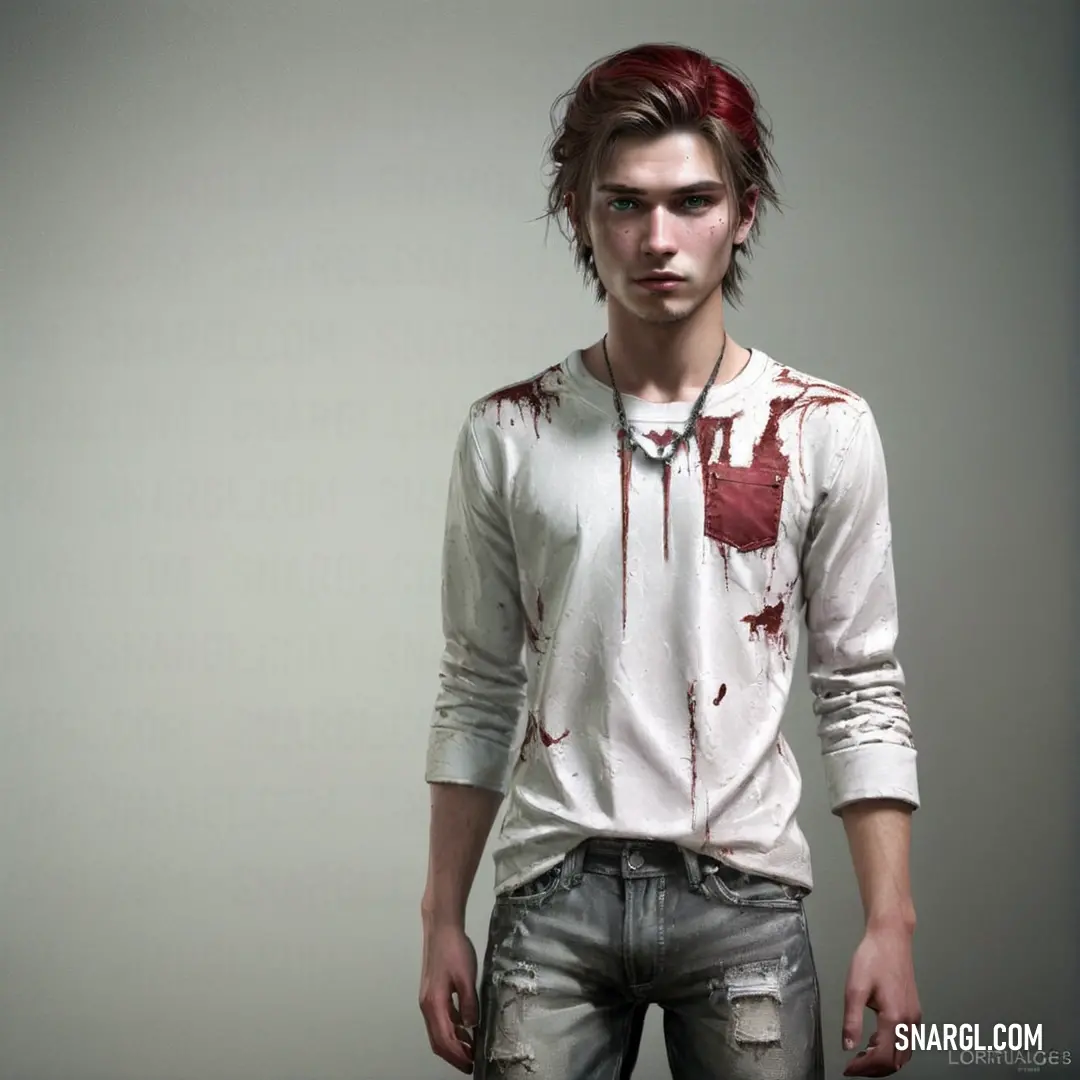 Man with red hair and a white shirt with blood on it is standing in a room