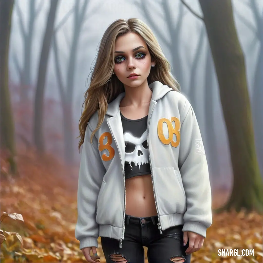 Painting of a girl in a forest with a skull on her chest and a number on her shirt