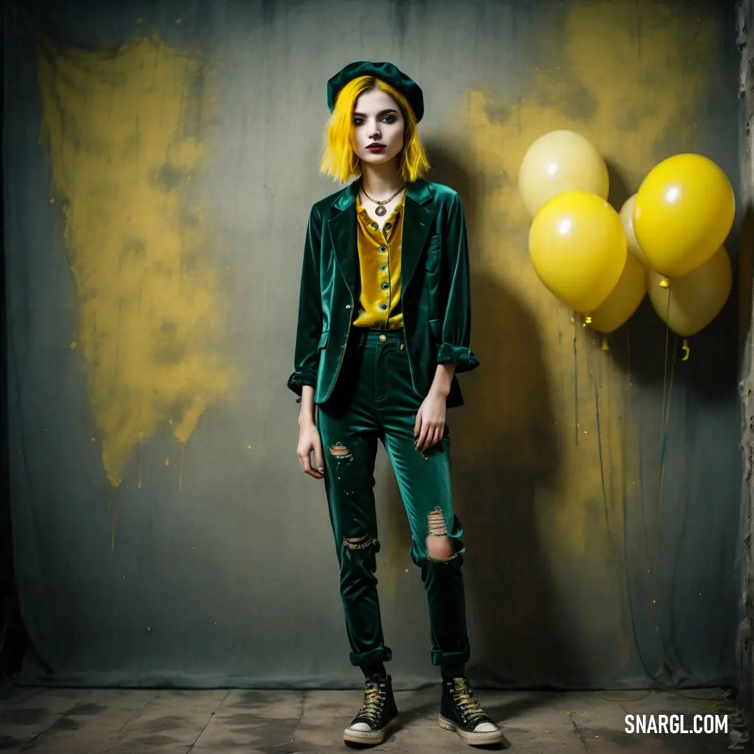 Woman in a green suit and hat standing next to a balloon filled wall with yellow balloons in it