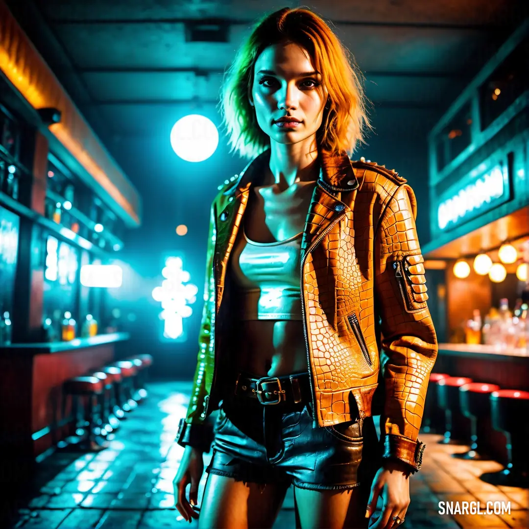 Woman in a leather jacket standing in a bar with a neon light behind her