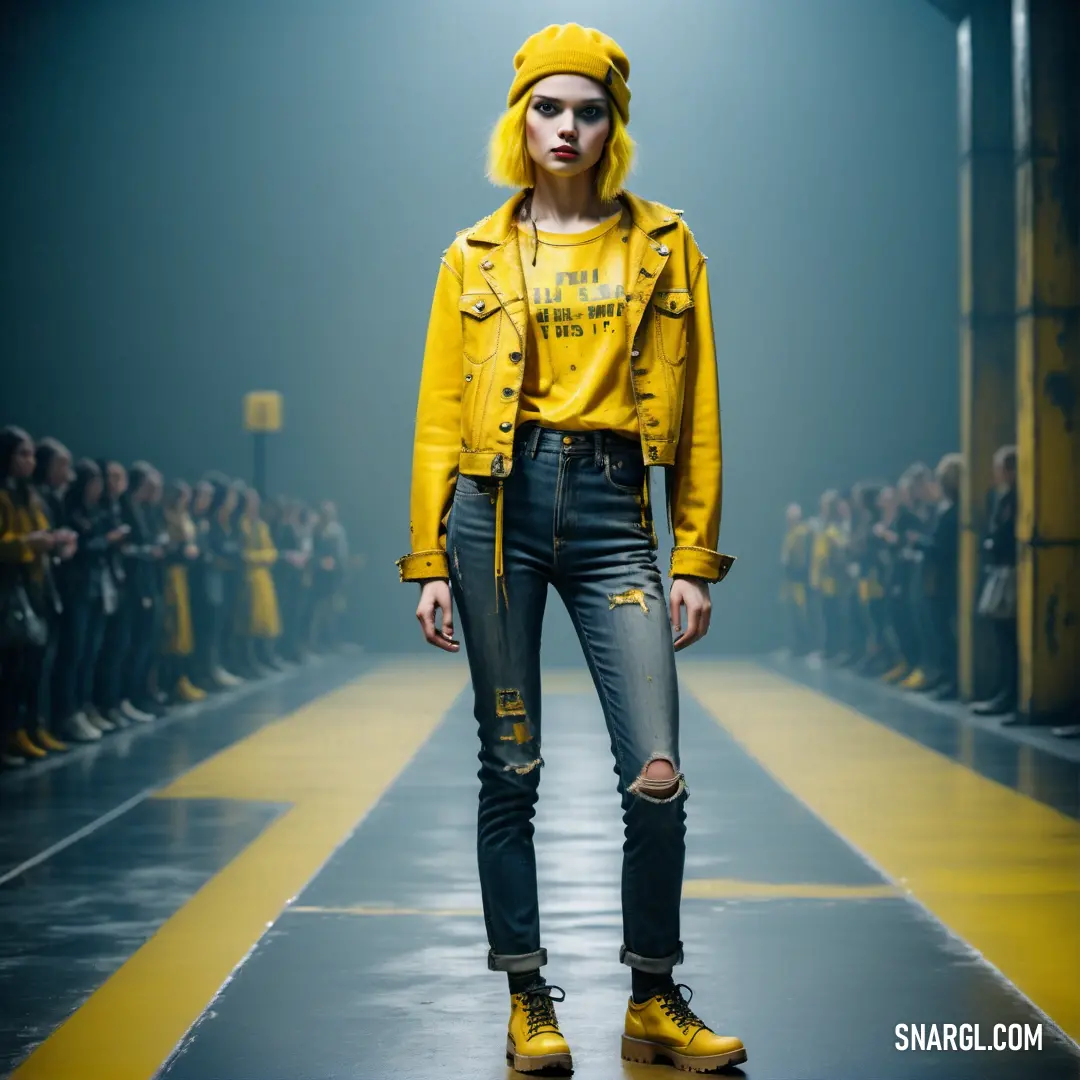Woman in a yellow jacket and jeans on a runway with a crowd of people behind her wearing yellow shoes