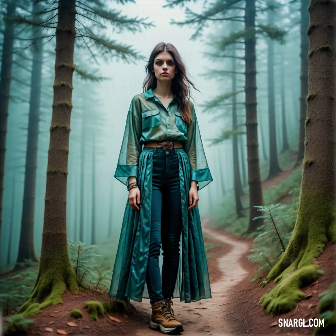 Woman standing in the middle of a forest with a green dress on and a green coat over her shoulders