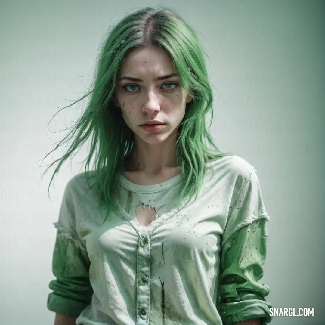 Woman with green hair and a green shirt on is posing for a picture with her hands in her pockets