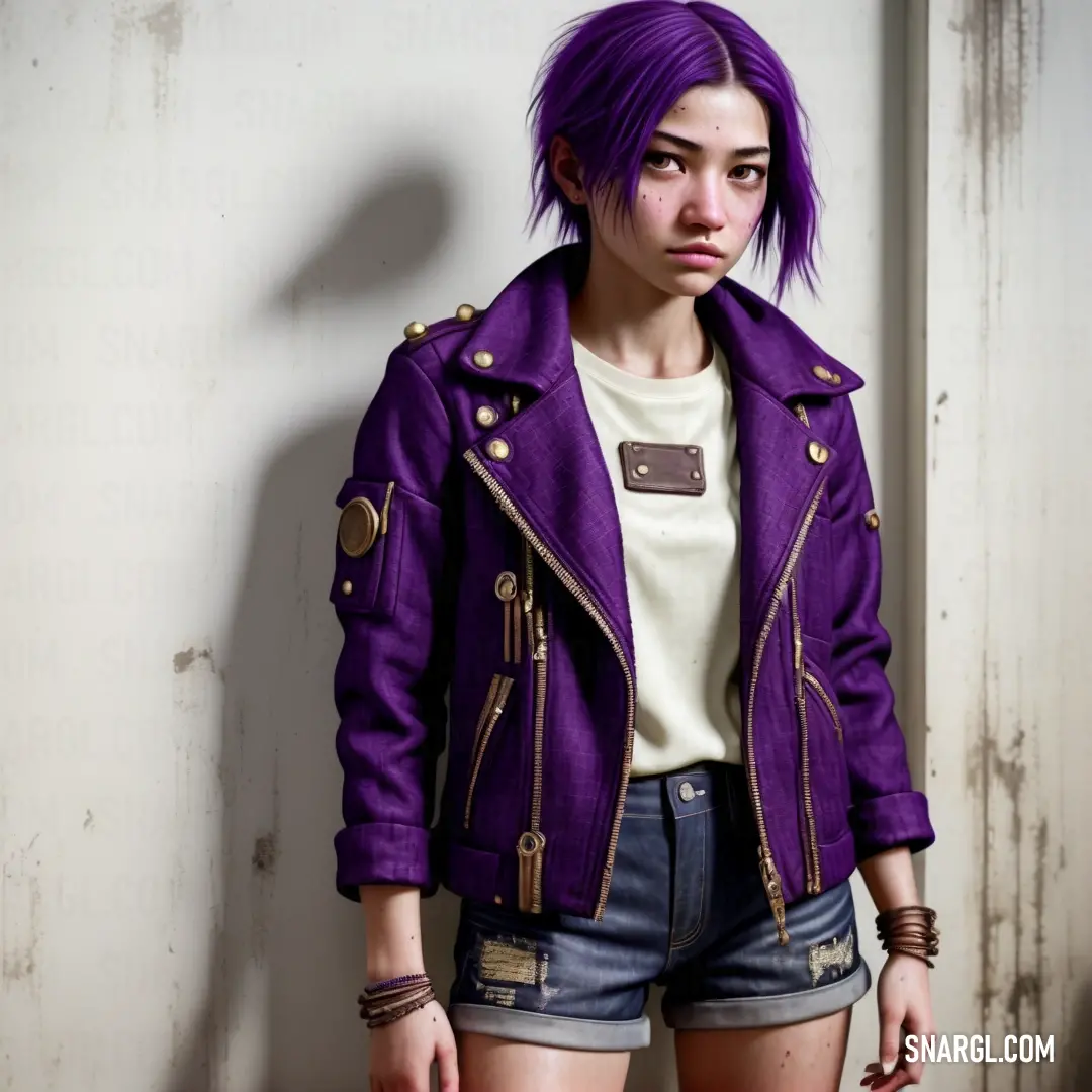 Woman with purple hair wearing a purple jacket and shorts and a white t - shirt and a black purse