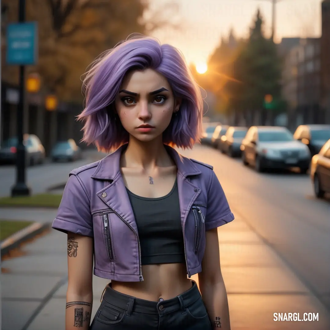 Woman with purple hair and tattoos standing on a street corner at sunset with cars parked on the side of the road