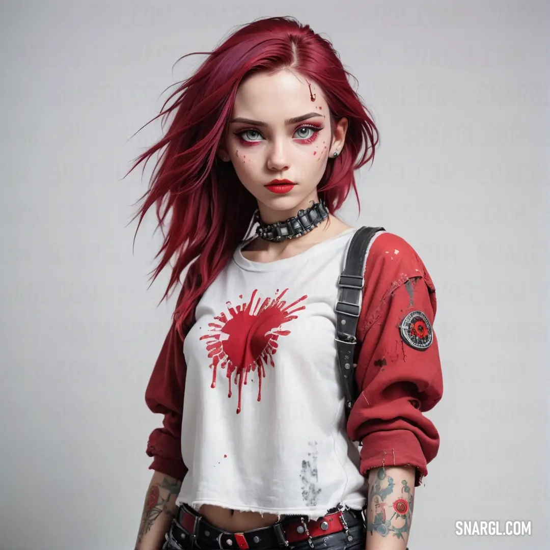 Woman with red hair and tattoos wearing a white shirt and black pants with a red blood splattered design on her chest