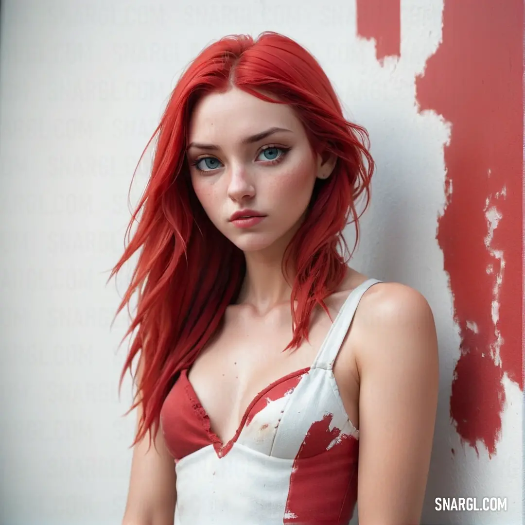 Woman with red hair is posing for a picture in a white dress with red paint on it and a red wall behind her