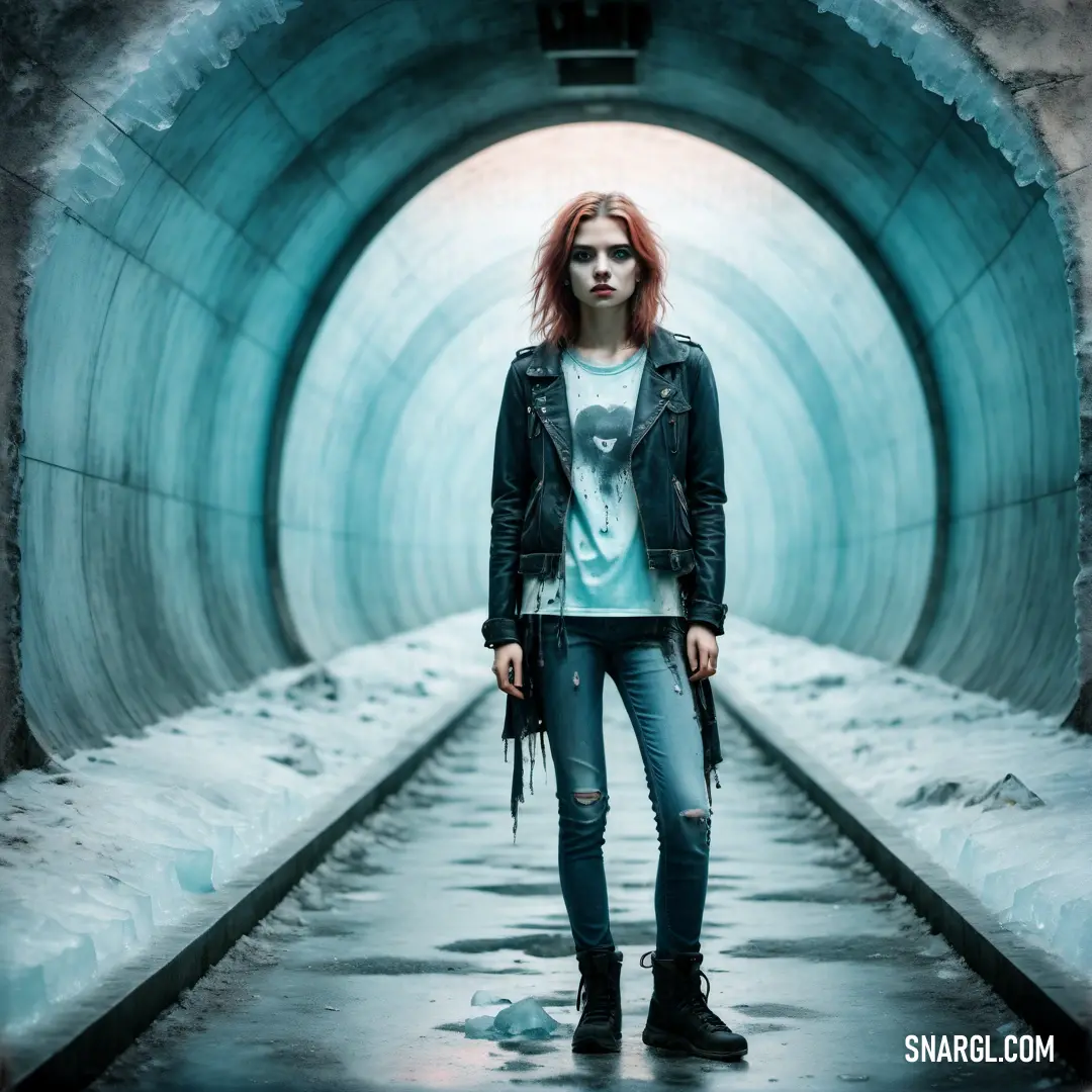 Woman with red hair standing in a tunnel with snow on the ground and wearing a leather jacket and jeans