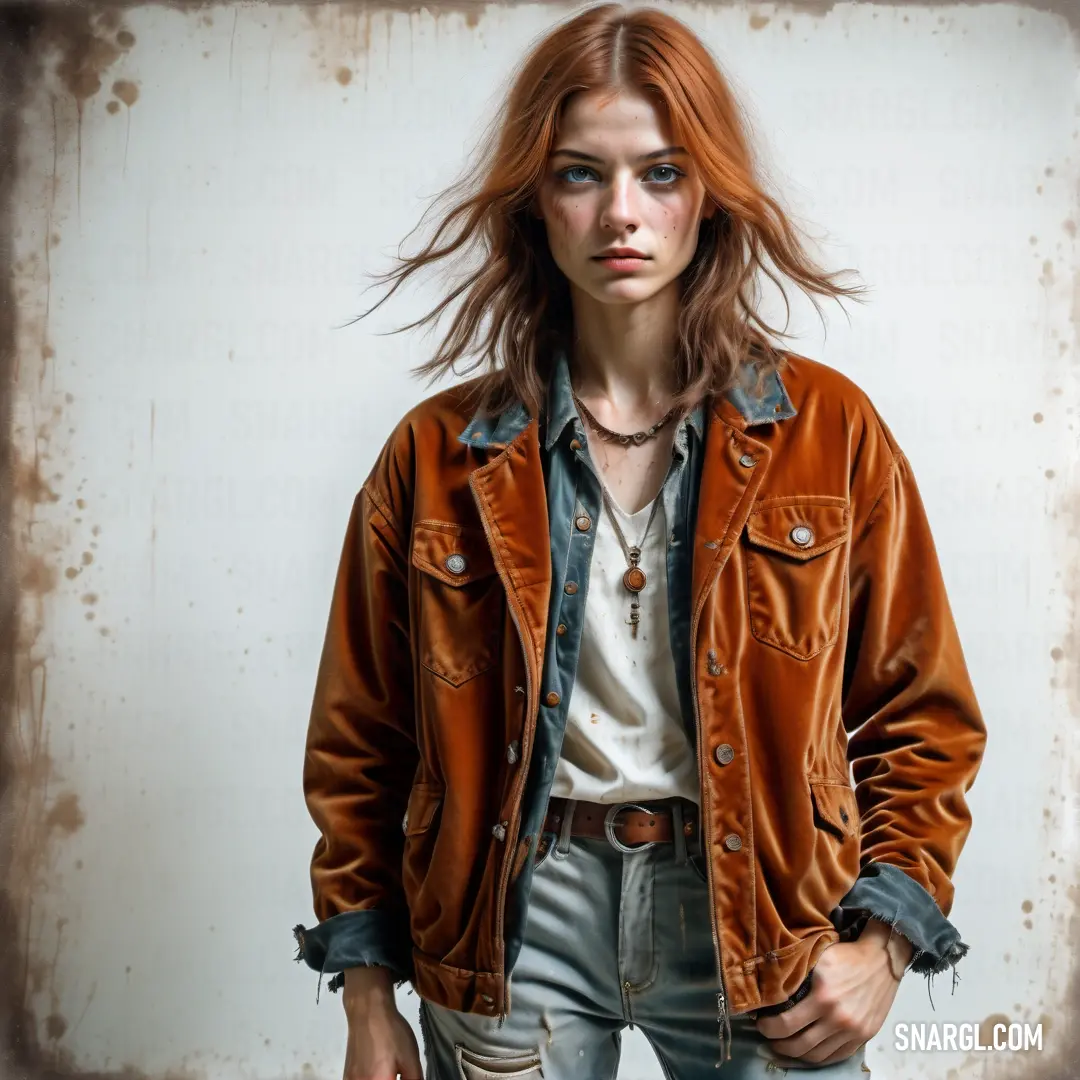 Woman with red hair wearing a brown jacket and jeans standing in front of a white wall with a rusted metal frame