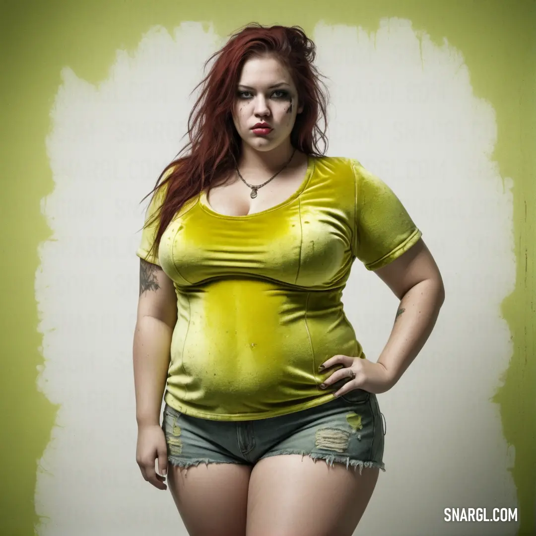 Woman with red hair and a green shirt posing for a picture in a yellow background