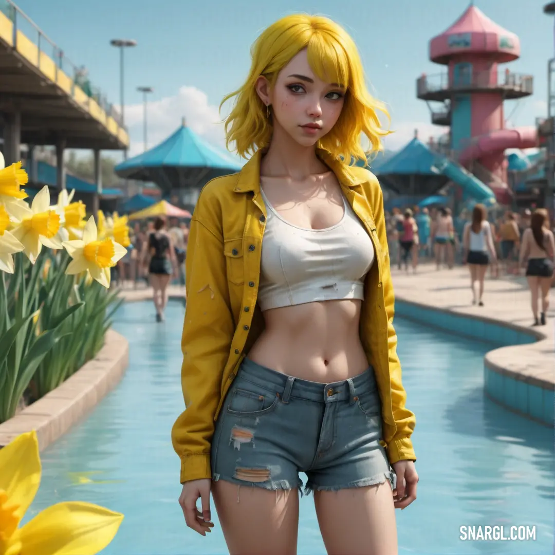 Woman with yellow hair standing in front of a pool of water with yellow flowers in the background and a blue sky