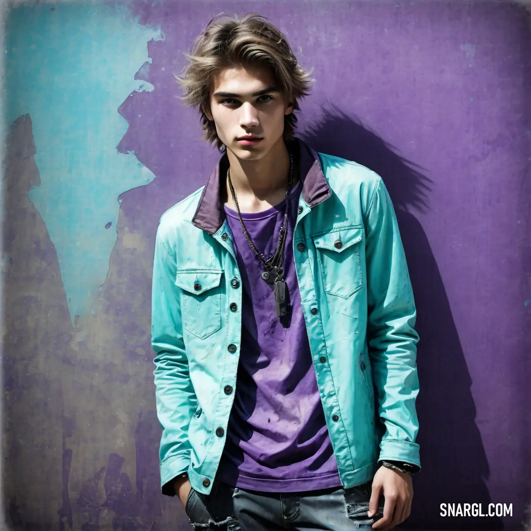 Young man standing in front of a purple wall wearing a blue jacket and purple shirt and jeans