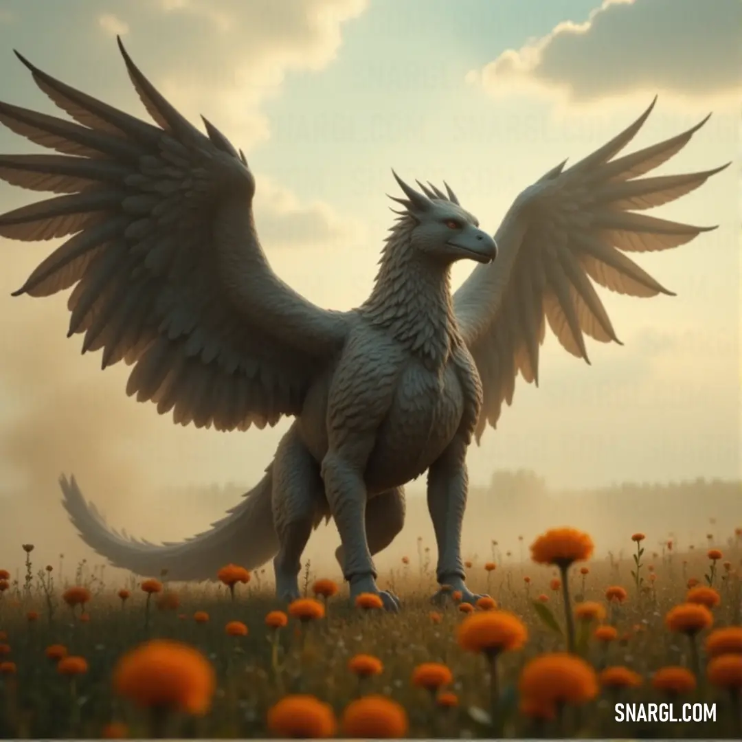 A gryphon with wings spread wide stands in a field of blossoms, with orange flowers dotting the ground and a vast sky above, capturing the harmony between mythical strength and the peaceful beauty of nature. A majestic gryphon with outstretched wings stands proudly in a vibrant meadow, surrounded by colorful flowers, as a serene blue sky stretches above it. Its powerful form commands attention amidst the peaceful natural beauty.