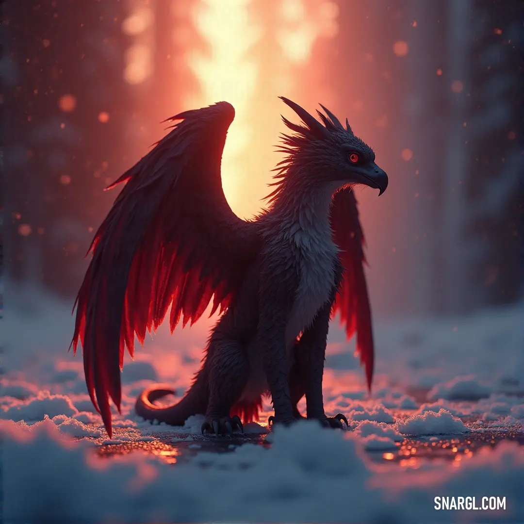 A bold red and black gryphon statue looms over the snow, with the warm hues of a sunset behind it and the stark beauty of winter trees surrounding the scene. The contrast of fire and ice creates a breathtaking vision. A striking red and black gryphon statue stands in the snow, bathed in the golden glow of a setting sun. The silhouette of the mythical creature is set against a backdrop of snow-covered trees, casting an ethereal atmosphere in the evening light.