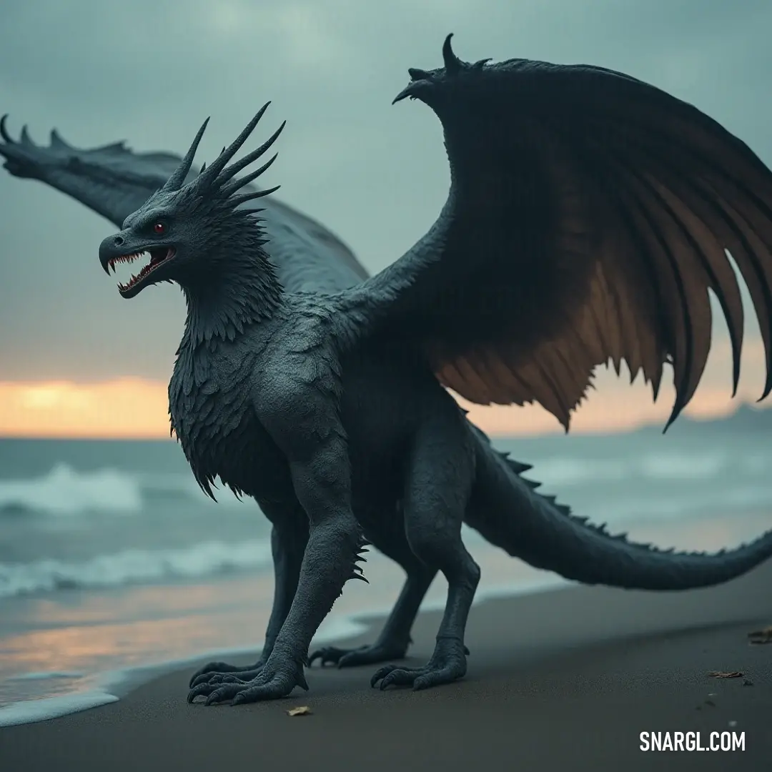 A large black Gryphclaw stands on a beach with its wings spread, facing the vast ocean and sky, creating an awe-inspiring scene of strength and freedom. A majestic black Gryphclaw stands tall atop a sandy beach, wings spread wide as it gazes out toward the endless horizon. The calm ocean reflects the creature’s powerful presence, blending the beauty of nature with mythological grace.