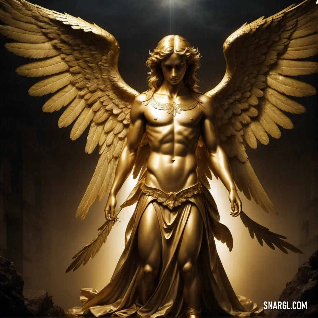 Golden statue of a male Guardian angel with wings on a dark background with a star above it and a dark sky behind it