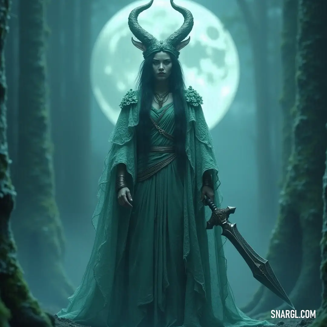 A peaceful representation of the Guardian of the Forest, holding a sword and surrounded by the enchanting glow of a full moon, embodying nature's protective spirit. Amidst a serene forest bathed in moonlight, the Guardian of the Forest, dressed in a flowing green gown, delicately holds a sword, symbolizing protection and courage. The full moon illuminates the tranquility, adding an aura of mystery to the scene.