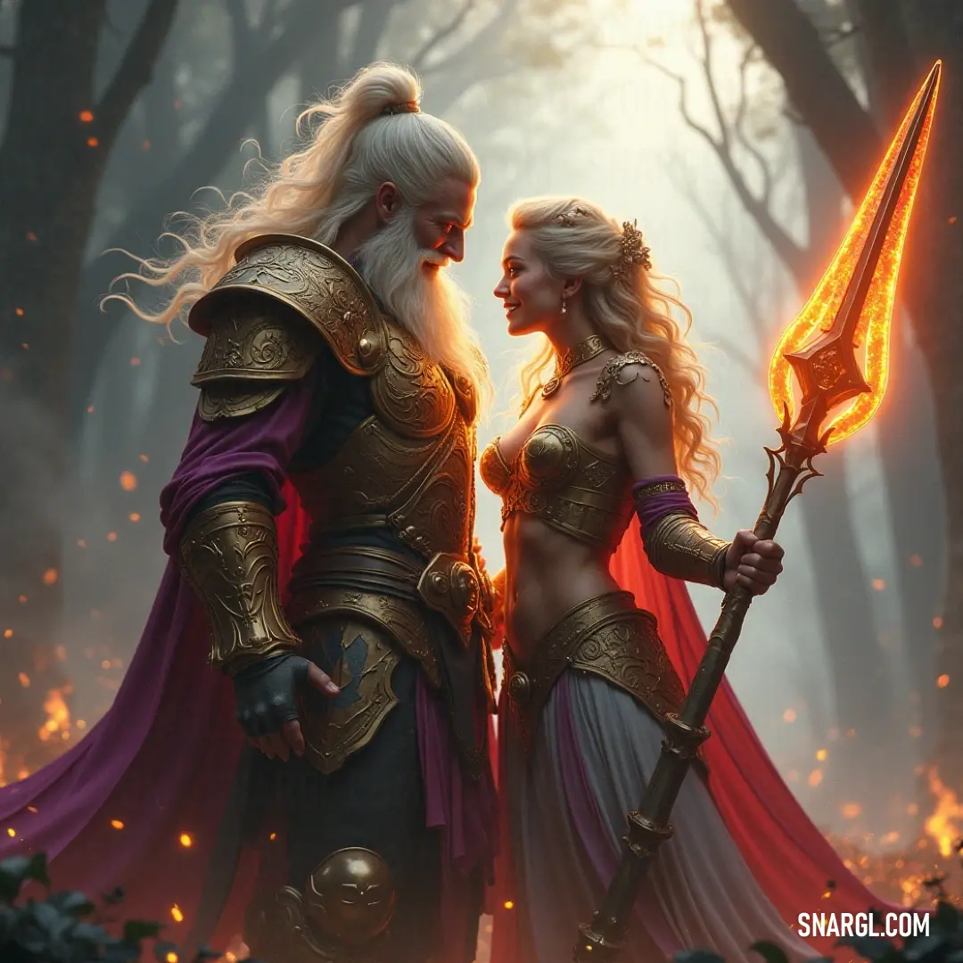 A powerful portrayal of two women in medieval costumes, their swords in hand, standing strong against a backdrop of flames in an enchanting forest setting. Two women dressed in elaborate medieval costumes stand resolute in a shadowy forest. Behind them, fierce flames dance, casting glowing shadows as they wield their swords, embodying the spirit of warriors ready to confront any challenge.