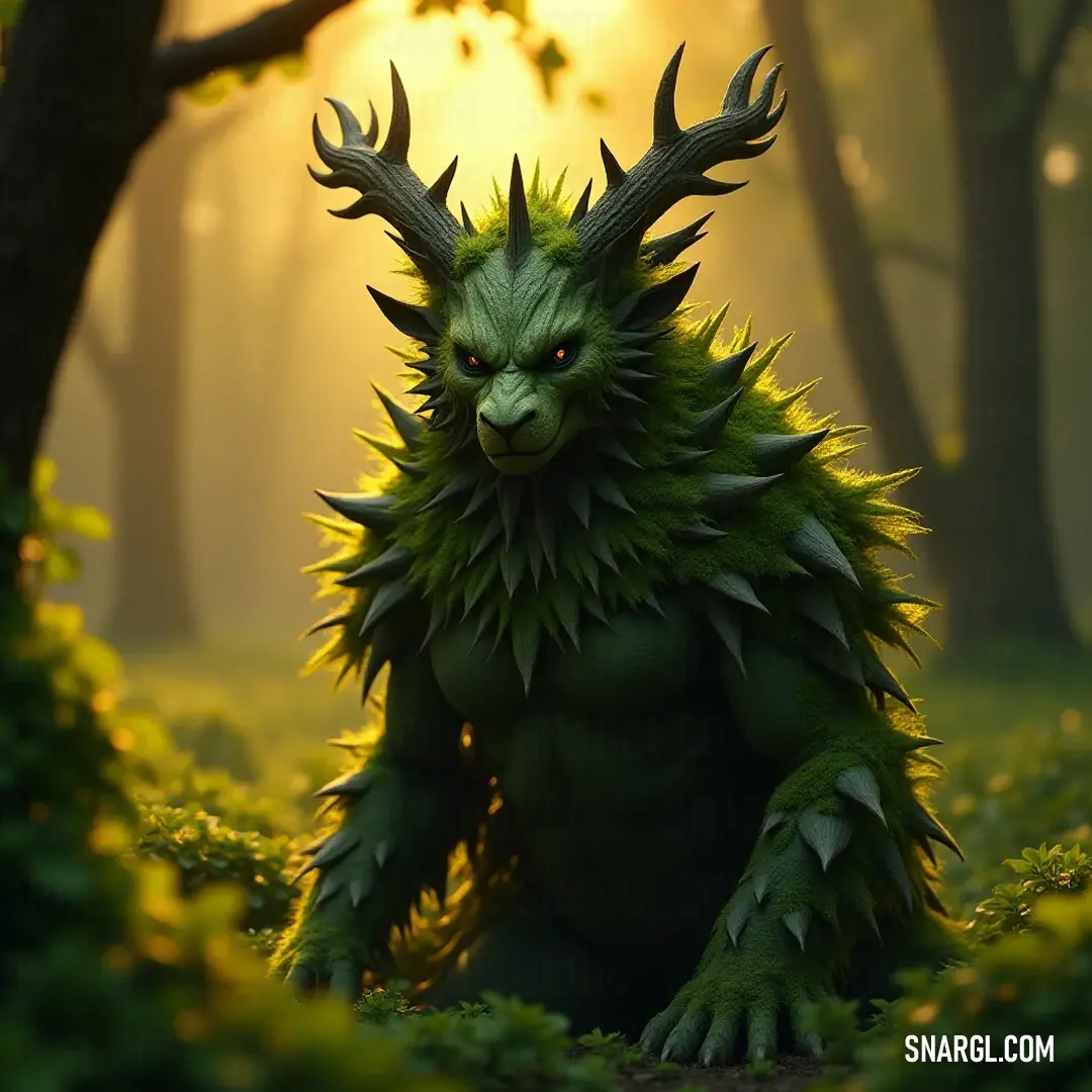 A powerful Guardian of the Grove with impressive horns, standing amidst towering trees, bathed in soft sunlight, invoking a sense of tranquility and mystery in the heart of the woods. A majestic Guardian of the Grove, adorned with impressive horns, stands tall among ancient trees, the soft murmur of the forest enveloping him as dappled sunlight filters through the thick foliage, creating a serene and magical atmosphere.