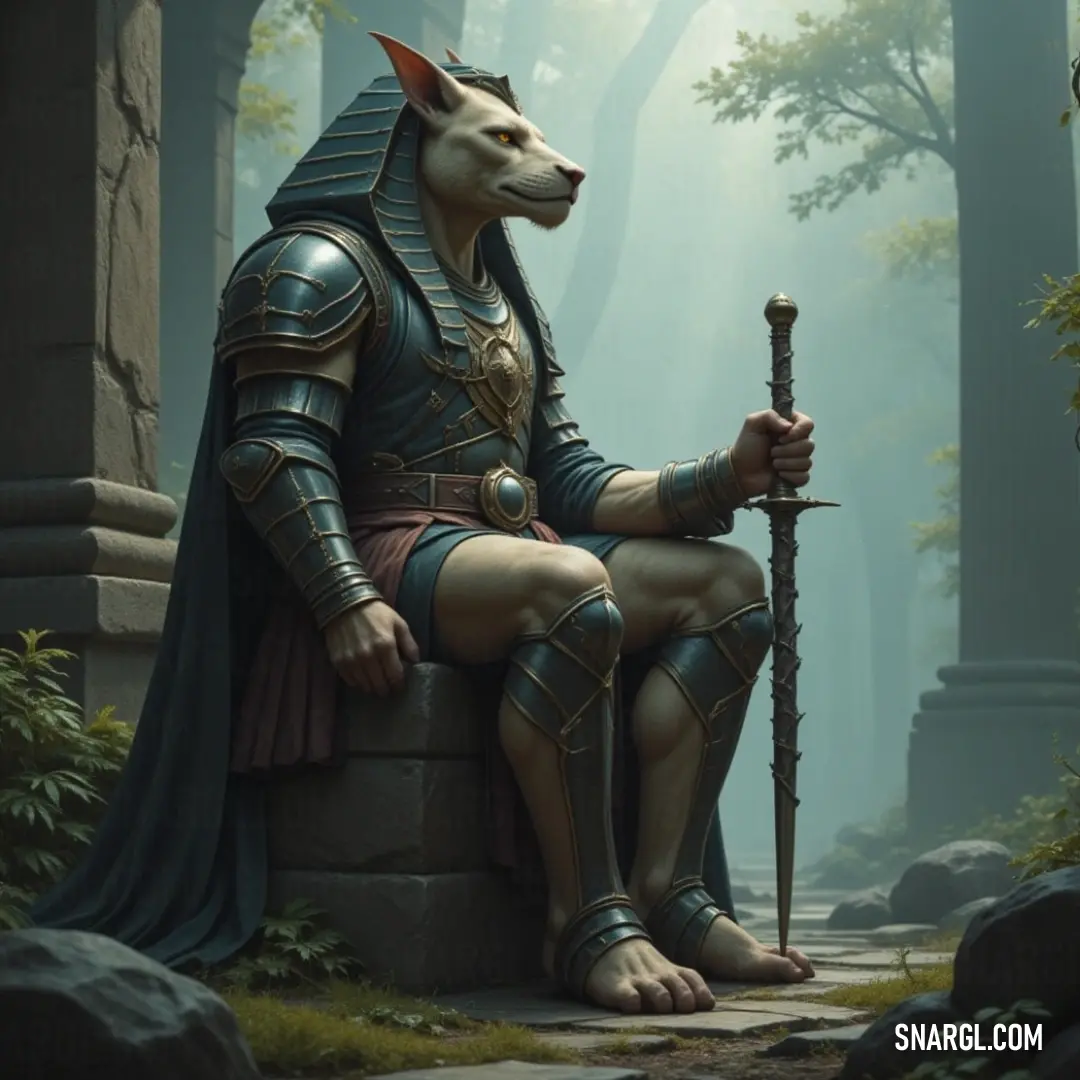 A guardian in costume, sword in hand and dog by their side, sitting on a stone bench, ready for whatever challenge lies ahead. A heroic figure in an elaborate costume sits on a weathered stone bench, gripping a gleaming sword. A loyal dog rests in their lap, both captured in a moment of calm amidst an epic scene.