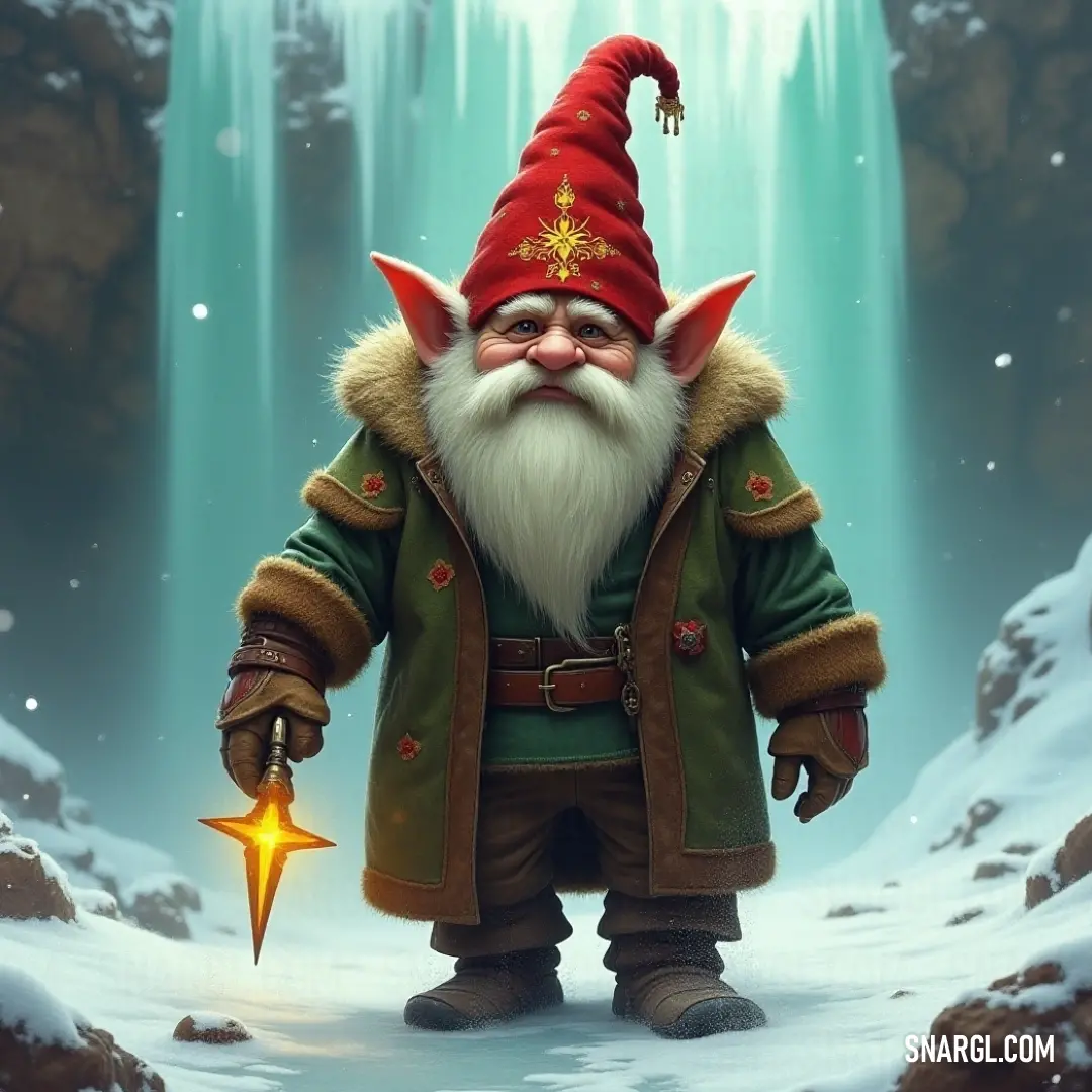 A wise Gubben stands proudly, holding a shimmering star in one hand while a majestic waterfall cascades behind him. The combination of natural beauty and magical elements creates a captivating scene, celebrating the wonders of both earth and spirit.