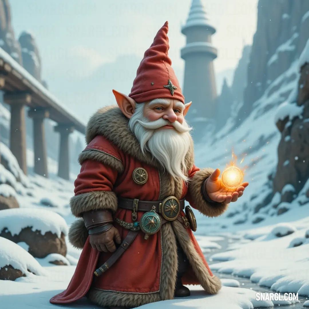 Gubben stands majestically in a snowy landscape, cradling a glowing ball in his hand, his figure silhouetted against a distant castle that adds an air of mystique to the wintery scene.