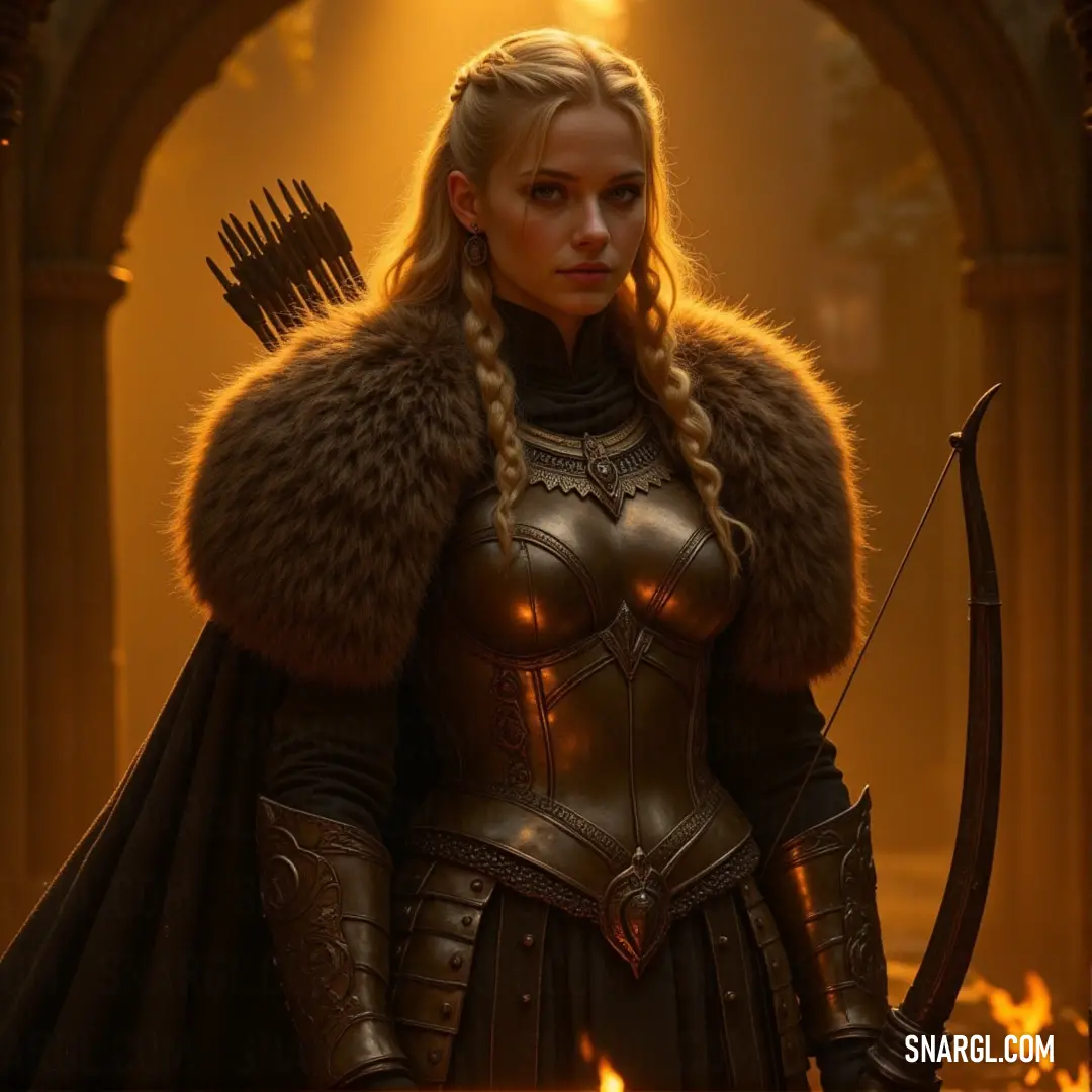 Gudrun stands resolute, her bow in one hand and sword in the other. A roaring fire blazes in the background, as she prepares to face the challenges of her world, her expression fierce and determined.