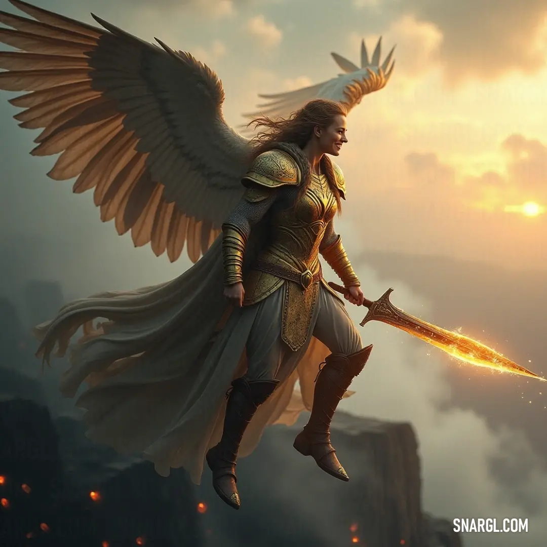 An enchanting warrior standing atop a towering cliff, her wings spread wide as she holds a fiery flame and a sword, illuminating the valley beneath with a fierce and ethereal glow.
