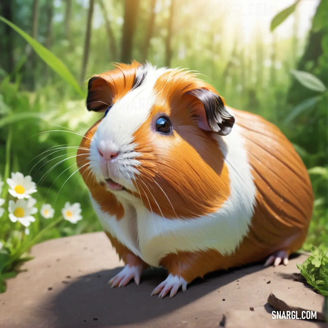 A charming brown and white guinea pig perches on a rock in a sun-dappled forest, surrounded by delicate daisies, creating a serene scene that highlights the peaceful coexistence of small creatures in nature.