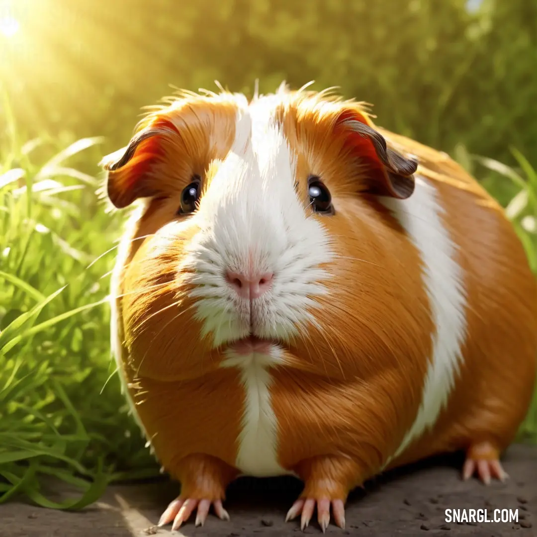 A fluffy brown and white guinea pig sits on a bed of grass, surrounded by tall green blades, with the sun casting a golden light that highlights its fur and the peaceful setting. A brown and white guinea pig stands amidst a field of lush green grass, with the soft green blades growing around its head, as sunlight shines down and creates a warm, comforting glow.