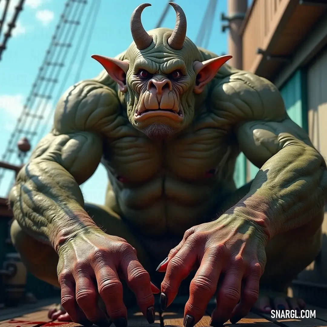 The demonic figure of Gulth, covered in blood, creates a hauntingly captivating scene, where shadows and eerie surroundings intensify the sense of impending danger. Demonic Gulth, adorned with striking horns, stands menacingly over a table stained with blood, set against a backdrop of a looming building, portraying a chilling moment of supernatural intensity and tension.