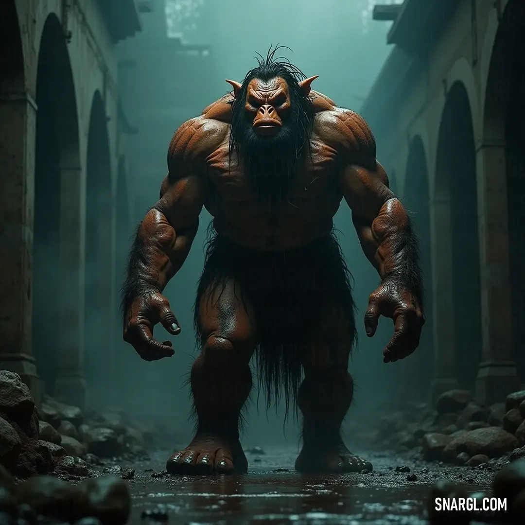 In the dim light of the alley, Gulth's large and hairy visage evokes curiosity and awe, creating an aura of intrigue and strength in this enigmatic scene. Gulth, featuring a robust hairy face and a long beard, lingers in a dimly lit alleyway, his imposing figure a blend of strength and mystery, enhancing the overall depth of the shadowy surroundings.
