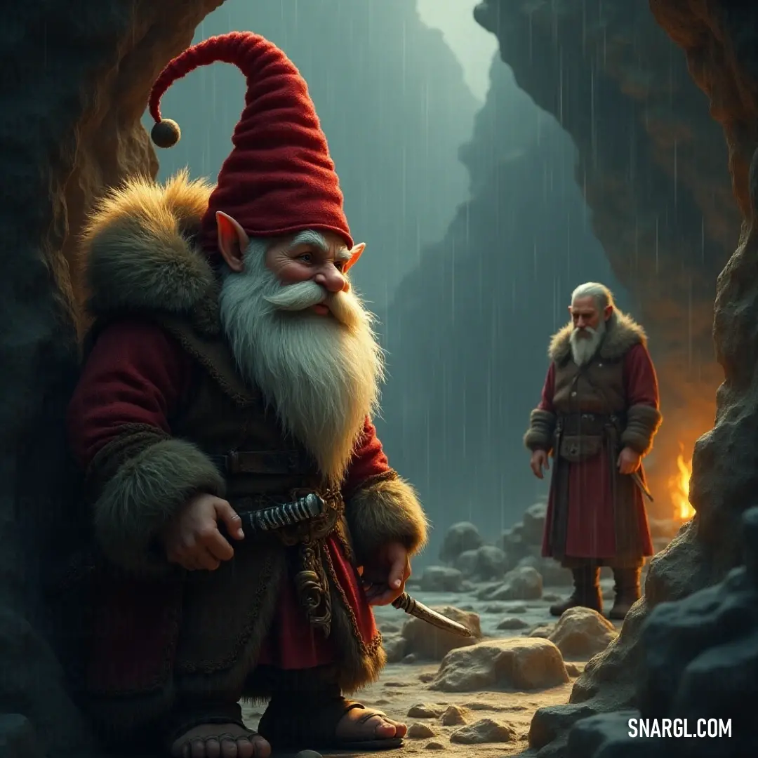 Within the warm glow of a crackling fire inside a mysterious cave, two figures in red outfits engage in a lively conversation, their surroundings illuminated by the fire's flickering light, creating an atmosphere of camaraderie and adventure waiting to un