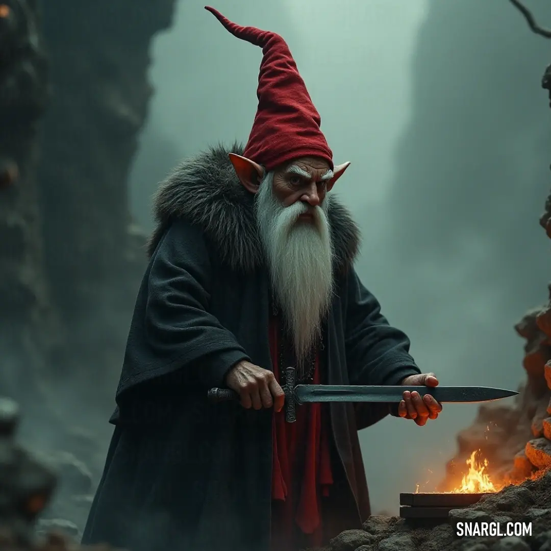 Deep within a dark cave, Gunnbjörn stands ready for anything, brandishing a gleaming sword as flames flicker in the background. His long red hat emphasizes a fierce determination, making him a silhouette of courage in the shadows.