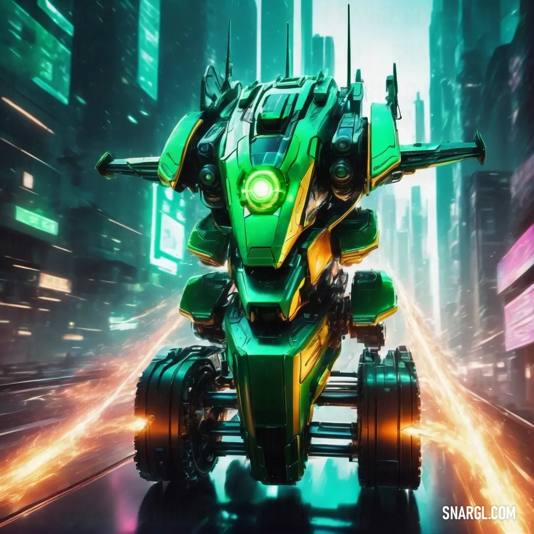 Futuristic vehicle with a green and yellow design on its front wheel and a green. Example of #00FF7F color.